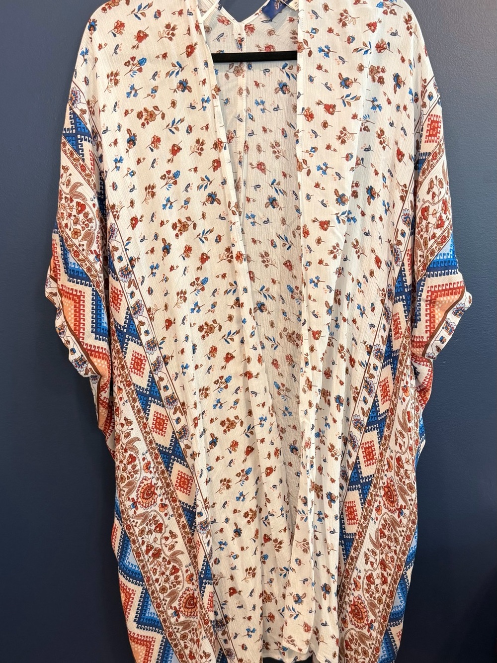 Boho Floral Open Kimono Cardigan - Cream Pu with Blue & Rust Accents